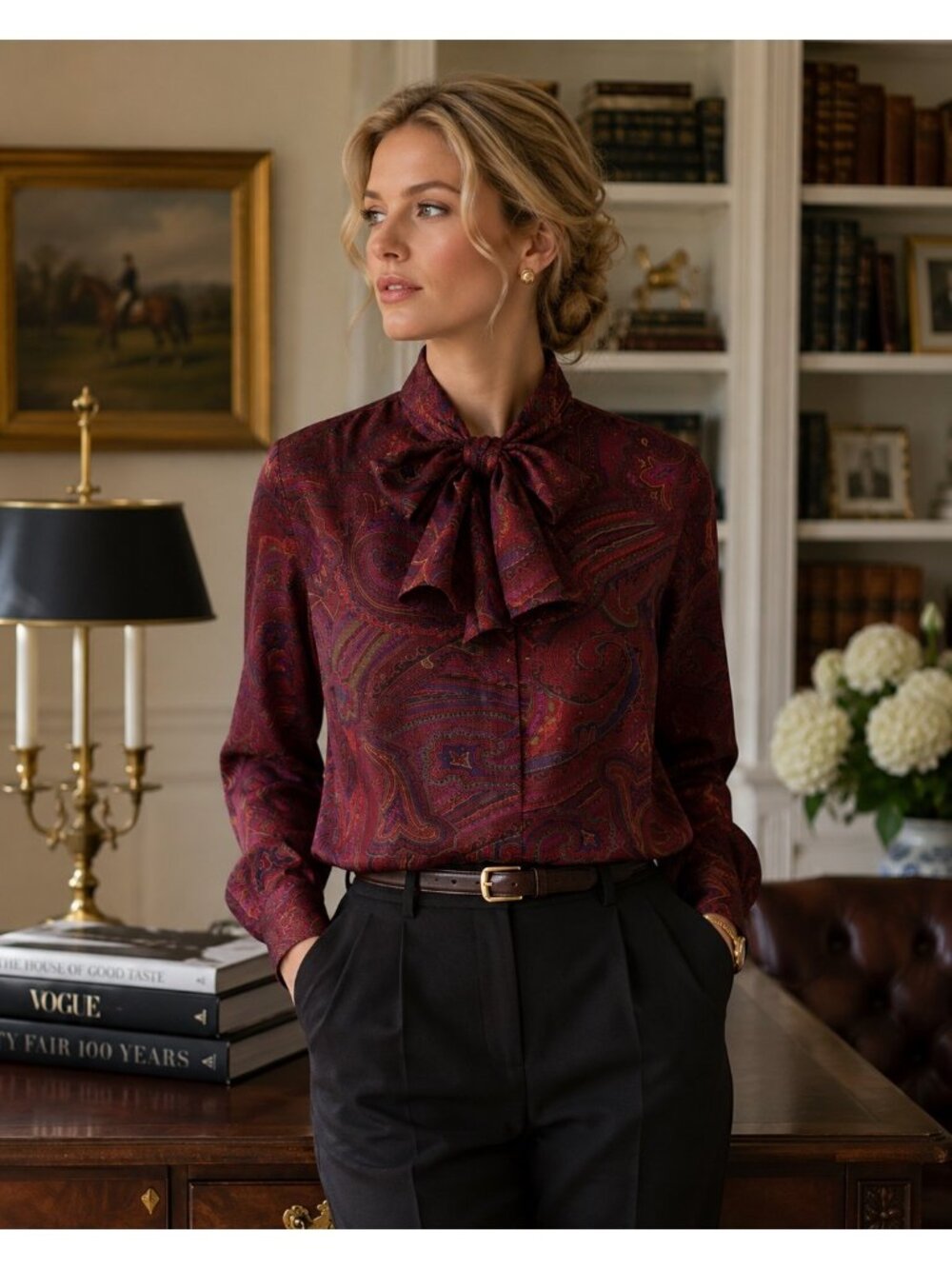 Linda Allard for Ellen Tracy 100% Silk Paisley Tie Neck Blouse Size 6 Burgundy R